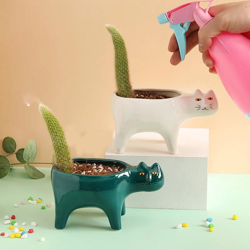 Cute Cat Ceramic Garden Flower Pot Animal Image Cactus Plants Planter Succulent Plant Container Tabletop Ornaments Decoration