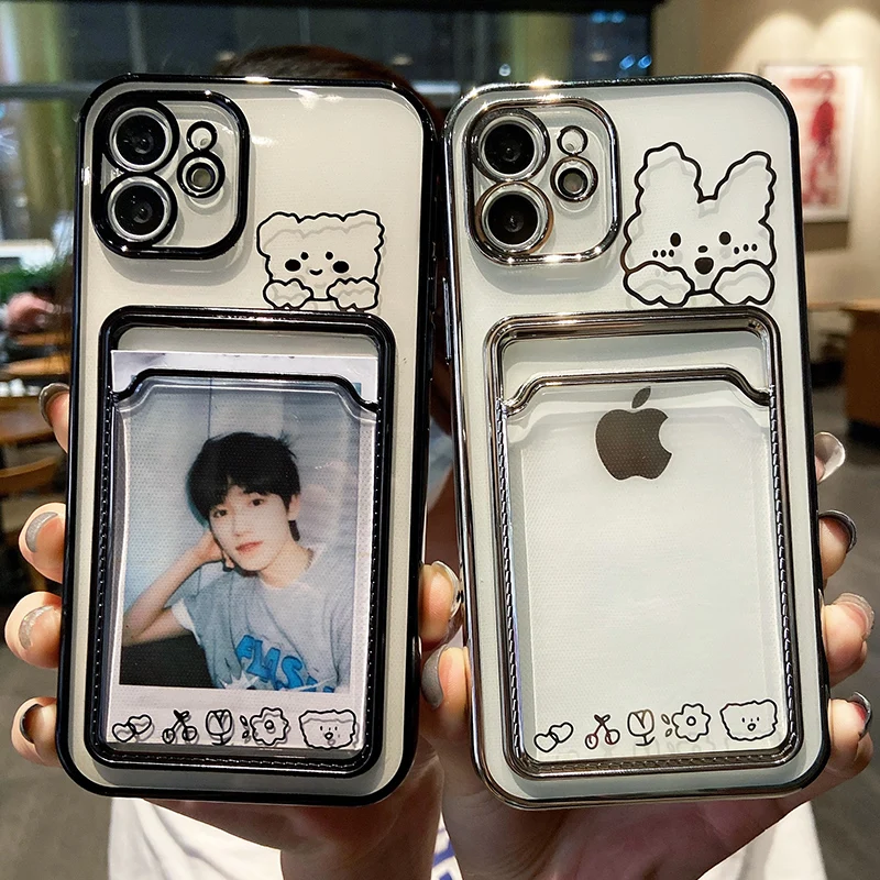 Photo Card Pocket Bag Wallet Case For iPhone 13 11 12 14 15 Pro Max XS XR X 8 7 Plus Plating Cute Bear Rabbit Soft Phone Cover