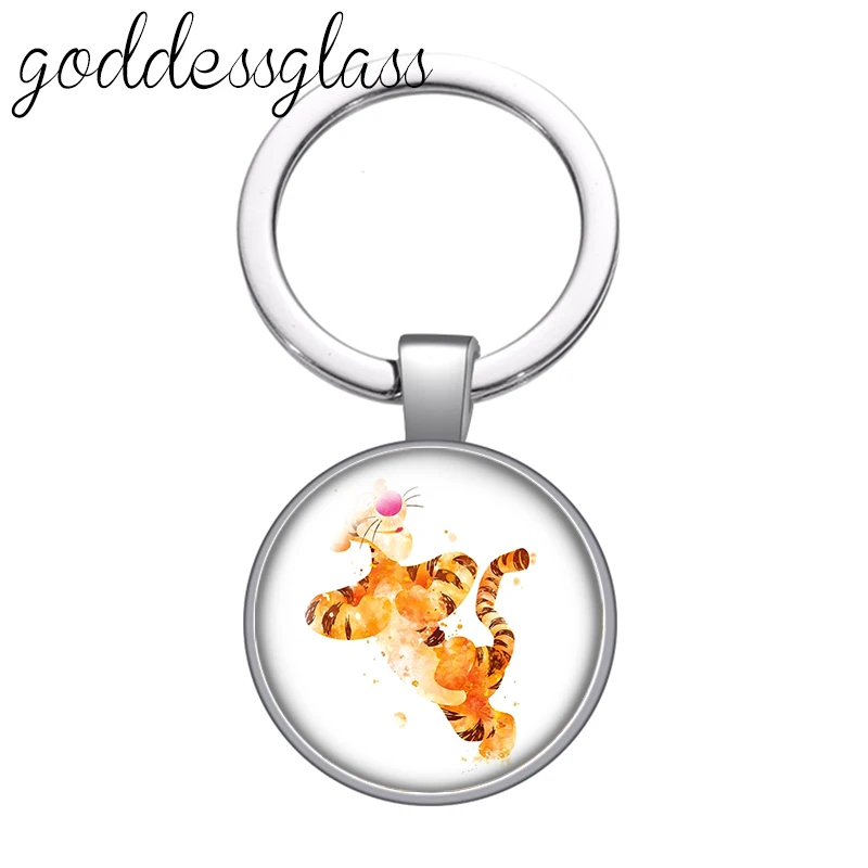 Disney Pooh Friends Tigger Cute Cartoon Tiger glass cabochon keychain Bag Car key chain Ring Holder Charms keychains gift