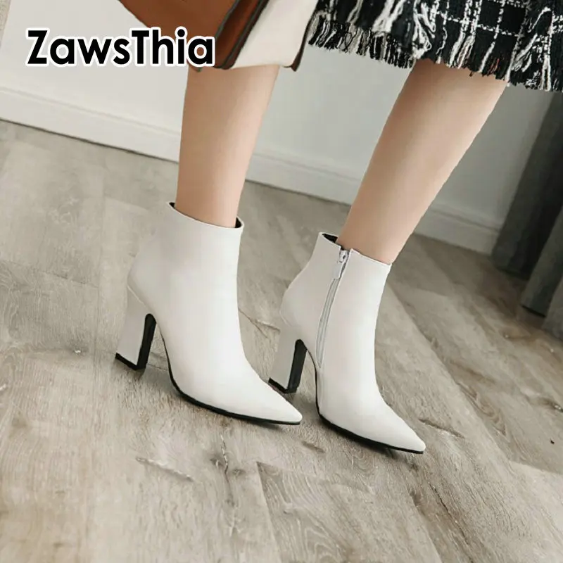 

ZawsThia 2022 winter spring white black thick high heels boots women pumps stilettos boots pointed toe zipper ankle booties