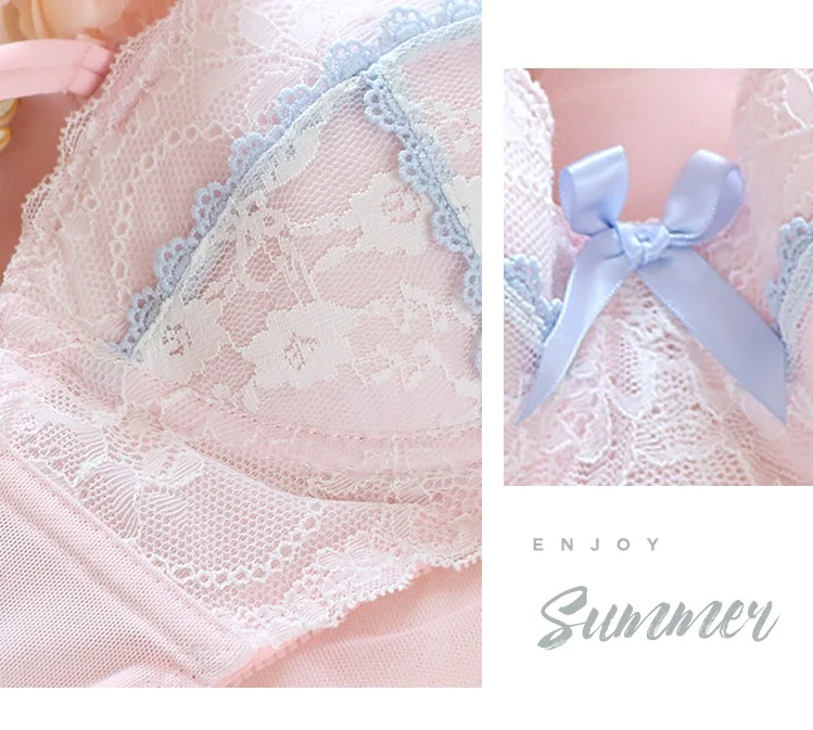 Underwear sweet and cute lace lingerie with briefs set girl heart fresh steel ring gathered thin bra set large size bralette