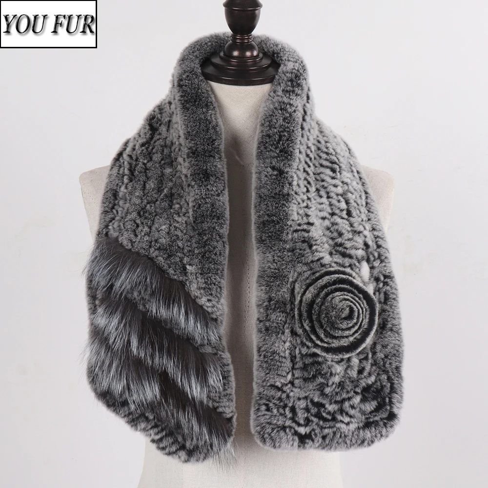 

Lady Knitted Warm Real Rex Rabbit Fur Scarf Natural Rex Rabbit Fur And Fox Fur Scarves Women Winter Real Rex Rabbit Fur Muffler