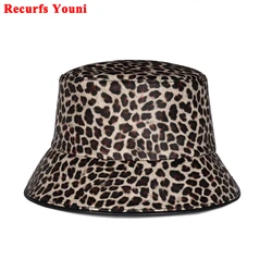 High End Leopard Bucket Hat For Women Korean Fashion Ladies Genuine Leather Printed Fisherman Caps Femme Sun Cool Basin Gorros