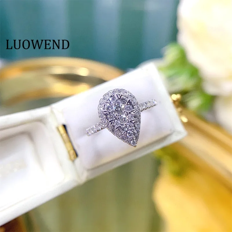 LUOWEND 18K White Gold Rings anillos mujer Luxury Halo Pear Shape Design Real Natural Diamond Ring for Women