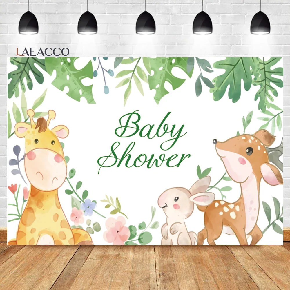 

Laeacco Safari Party Baby Shower Backdrop Tropical Leaf Wilds Animals Kids Birthday Portrait Customized Photography Background