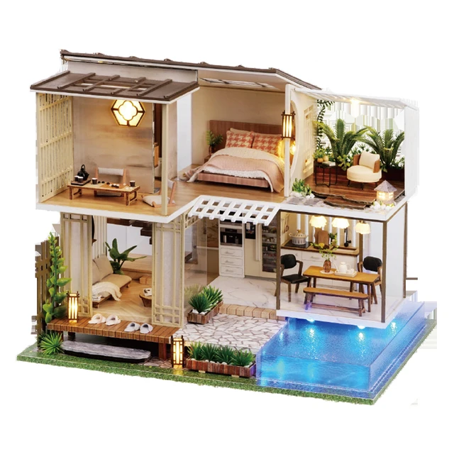 New Wooden Doll House Kit Miniature with Furniture Swimming Pool Modern Loft Casa DIY Villa Dollhouse Toys Adults Christmas Gift