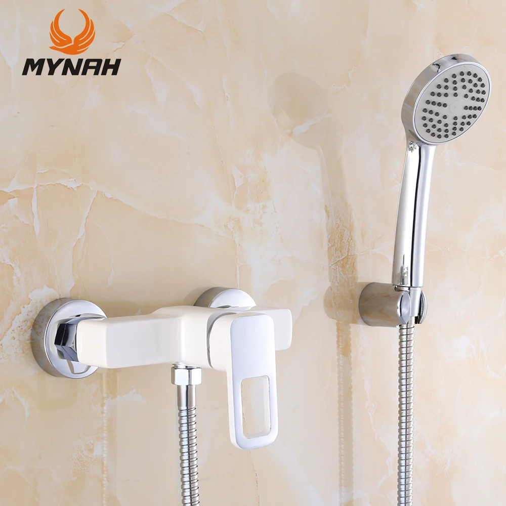 MYNAH Modern White Bath Shower Faucet Set Bathroom Single Handle Cold and Hot Water Mixer Tap with Hand Shower