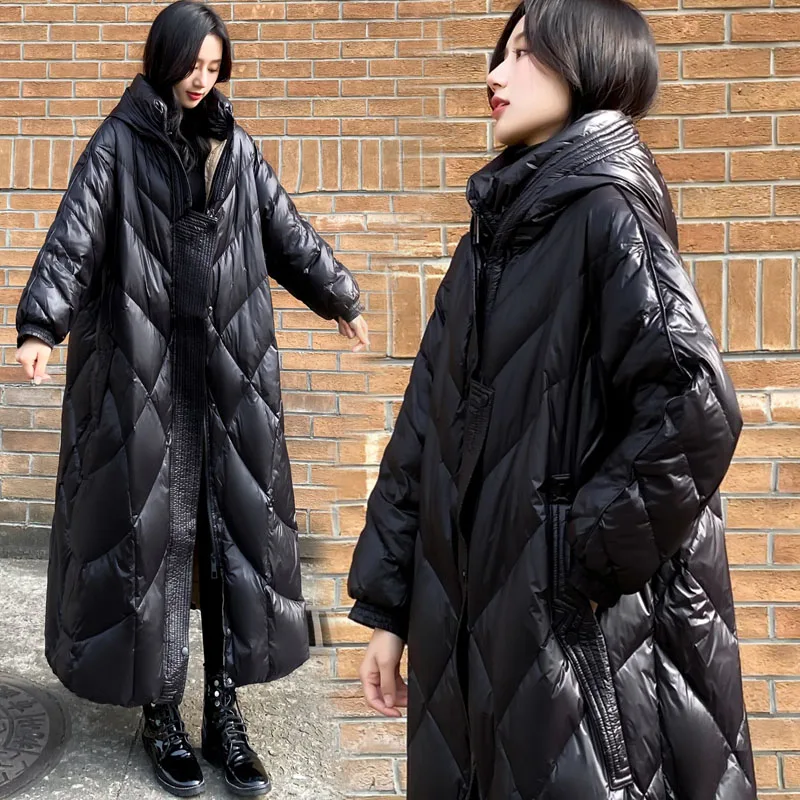 

2022 New Women Winter X-long Glossy Down Jacket Hooded Parka Black Thick 90% White Duck Down Coat Windproof Female Snow Outwear