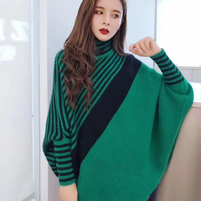 Fashion Sweater Women Pullover Casual Cloak Loose Bat Sleeve Knitted Tops Spring Autumn Turtleneck Stripe Knitwear Jersey Mujer