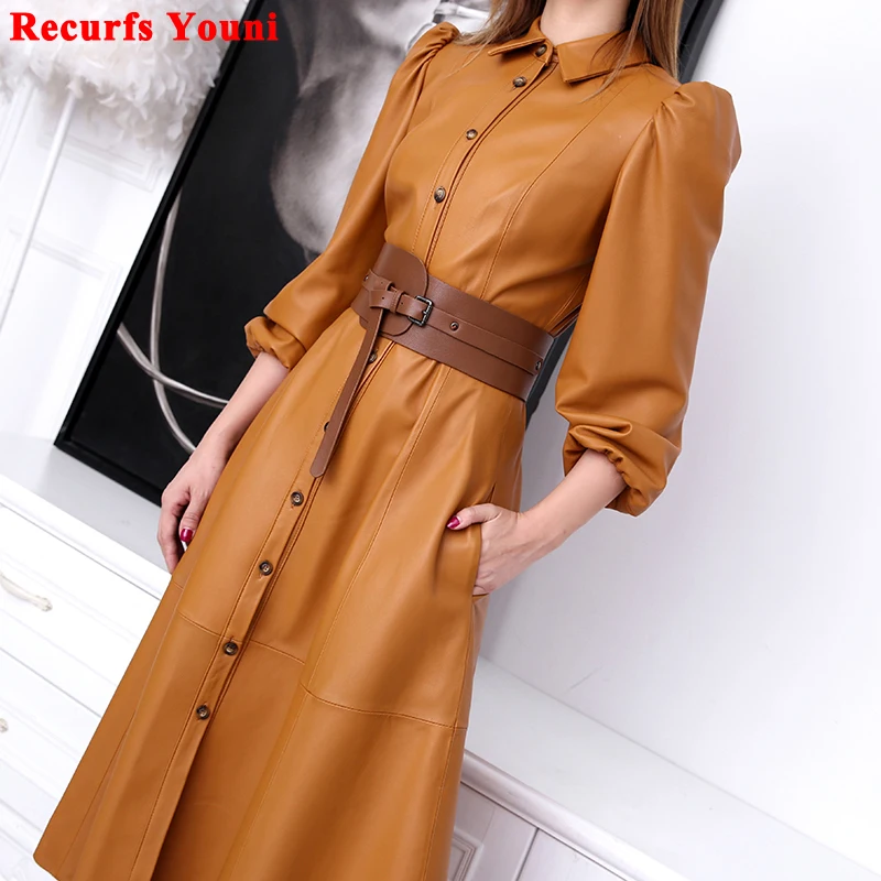 High-end Custome Genuine Leather Dress Women 2023 Medieval Female French Puff Sleeve Long Skirt With Belt Single-Breasted Jacket