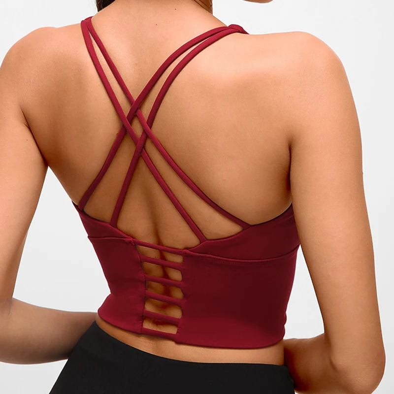 Solid Spaghetti Straps Cross Back Yoga Gym Crop Top Women Running Sport Bra Padded Activewear Exercise Fitness Cropped Tank Tops