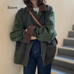 Autumn Thick Retro Lapel Casual Style Loose Full Lantern Sleeve Coat and Jacket Women's Army Green Streetwear