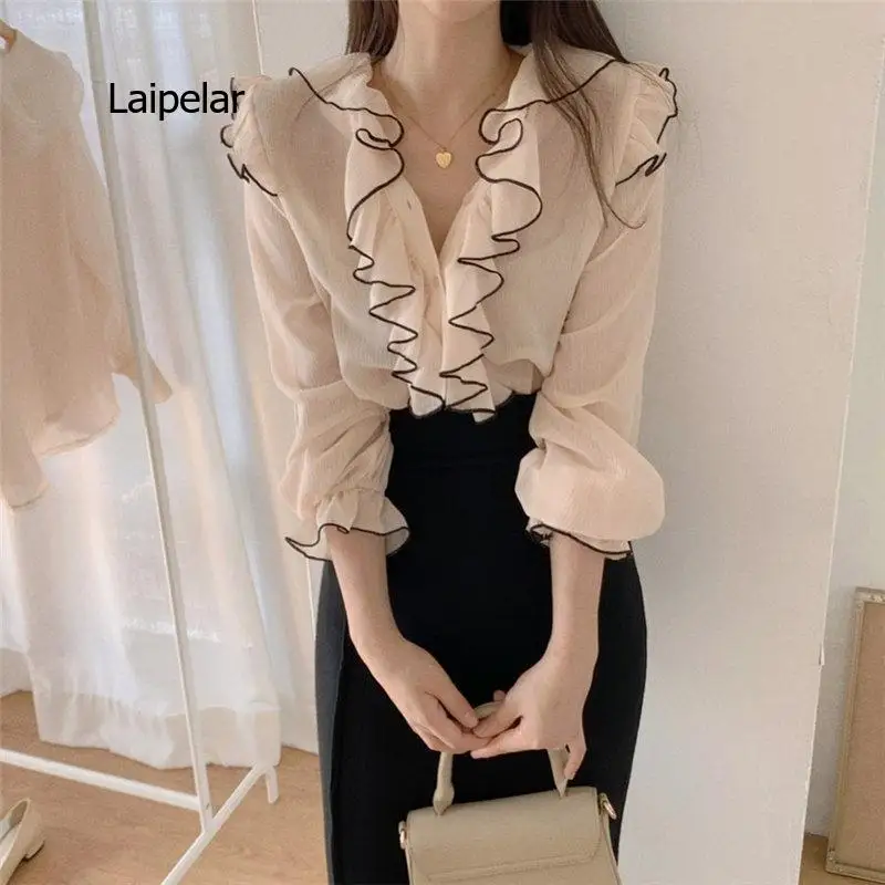 

2021 All Match Office Lady V-Neck Color-Hit Ruffles Basic Shirts Sweet High Quality Autumn Vintage Brief Blouses