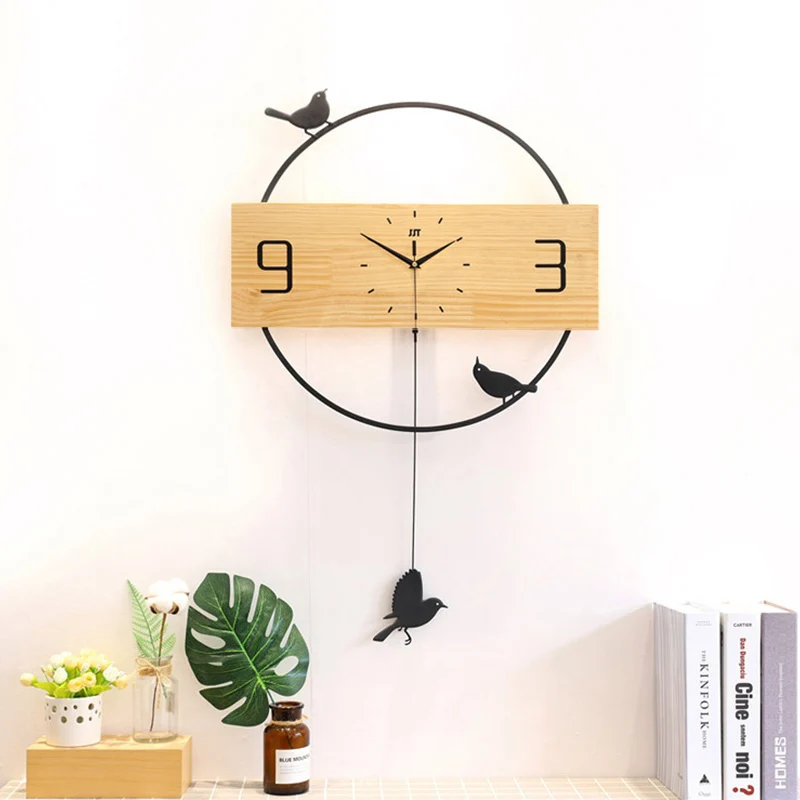 

TUDA Creative Simple Metal Log Color Mute Bird Swing Wall Clock Bedroom Fashion ins Style Living Room White Decorative Clock