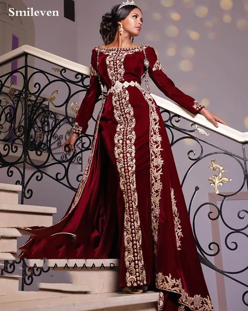 Smileven robe de soiree de forme sirene Caftan en velours 2 pieces pour occasions speciales style algerien avec des Appliques en dentelle