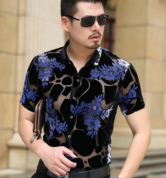 

Men's Summer See Through Casual Silk Shirts Blue Flower Print Transparent Sexy Thin Slim Dress Shirt