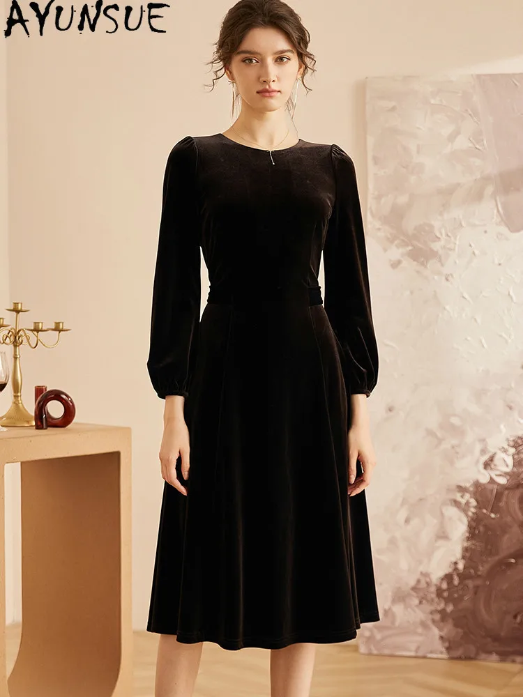 

AYUNSUE Fashion Vintage Dress Female Velvet Long Dresses Spring Autumn Black High Waist Elegant Party Dress Roupas Feminina