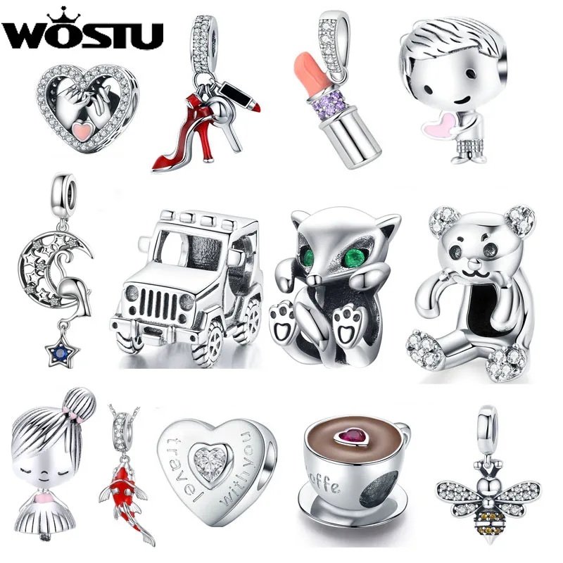 WOSTU Family Heart Copper Charm High heels Pendant Bee Boy & Girl Charm Dangle Beads Fit Original Bracelets For Women Jewelry