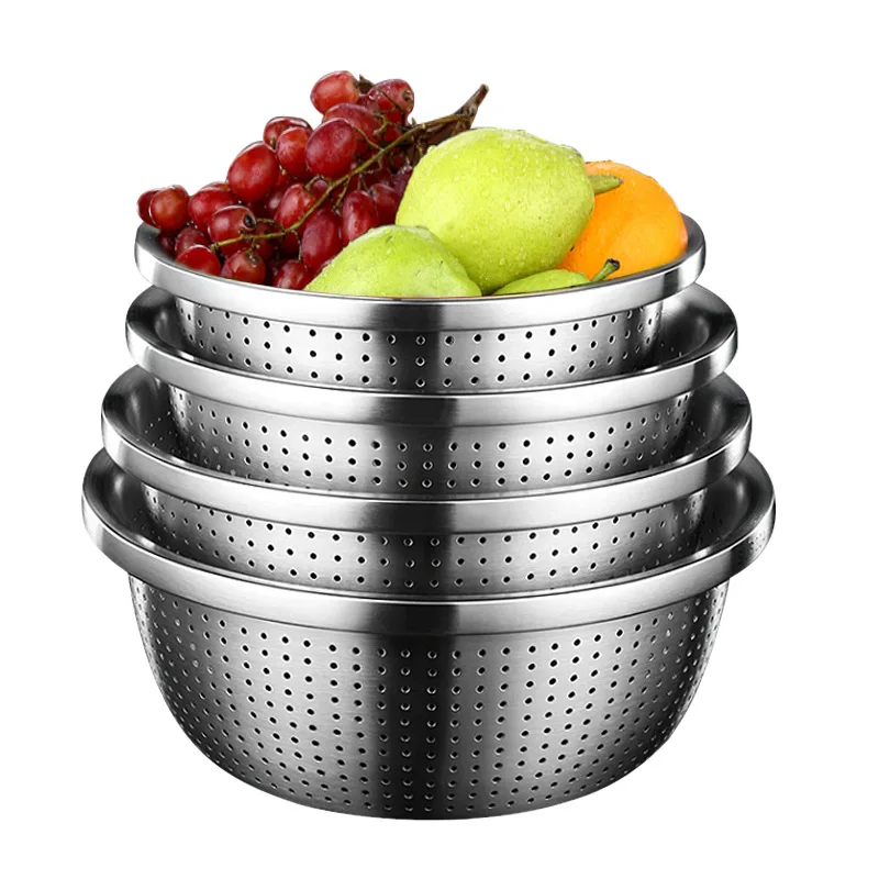 Thicken Stainless Steel Household Drain Basin Vegetable Fruit Washing Draining Basket Colander Rice Sieve Kitchen Accessories