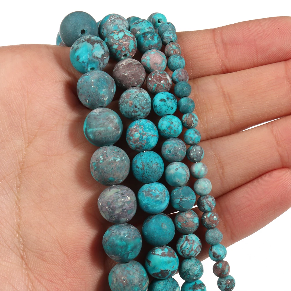 Image 5: Perles naturelles Turquoises américaines mates, Howlite bleue, pierre ronde pour la fabrication de bijoux, accessoires de bracelet à bricoler soi-même, 15 pouces, 4-10mm