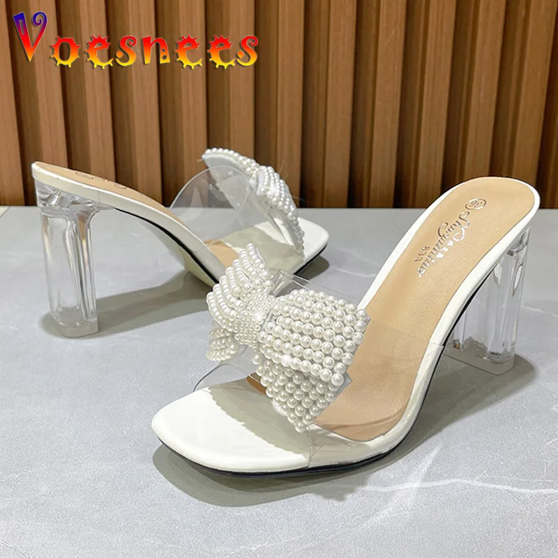 Street Fashion Girl Bow Crystal Slippers Sexy Transparent Dress Heel Shoes Summer Pearl Bowknot Design 2022 Elegant Party Sandal