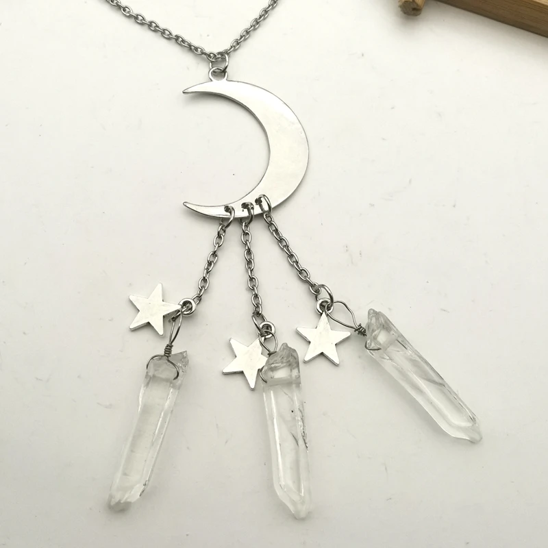 Handmade halo crystal quartz moon star pendant necklace shiny crystal necklace