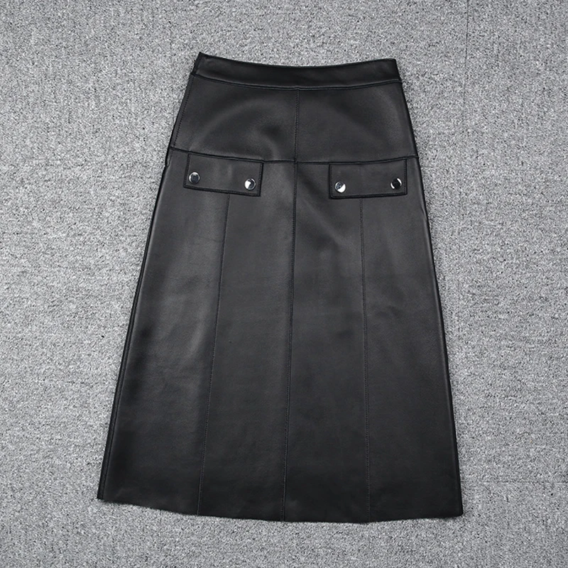 Leather skirts Autumn and Winter Orchid Purple High Waist Big Swing Bag Cover Lambskin Casual Versatile Knee-Length Jupe Femme