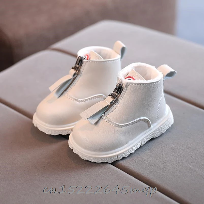 Children's Fur Shoes Boys Autumn Winter New Korean Leather Ankle Boots 0-2 Years Old Girls Leather Warm Cotton Boots Best Gift