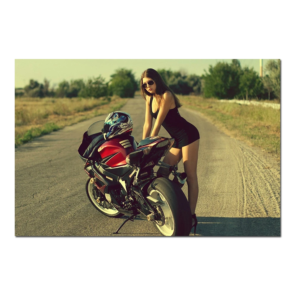 Hot Brunette And Suzuki Motorbike Poster Wall Art Canvas Cloth Fabric Print Painting for Room Home Decor Unframed