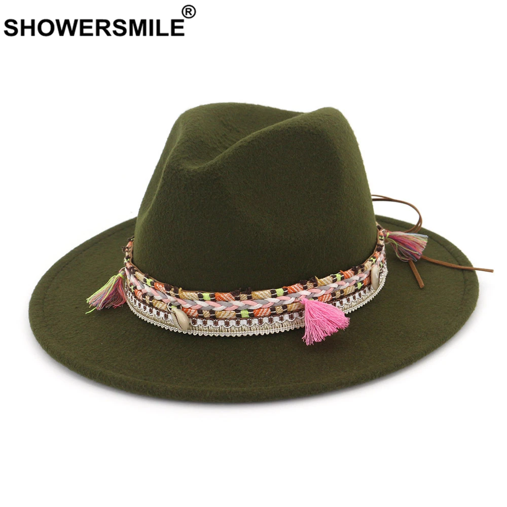 SHOWERSMILE Women Felt Fedora Wool Army Green Pork Pie Hat Female National Retro Autumn Winter Classic Ladies Trilby Hat