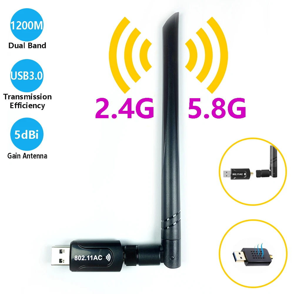 1200M Wireless Network Card RTL88123BU Driver-free 2.4G/5.8G USB3.0 Dual Band Wireless Network Card WiFi Receiver