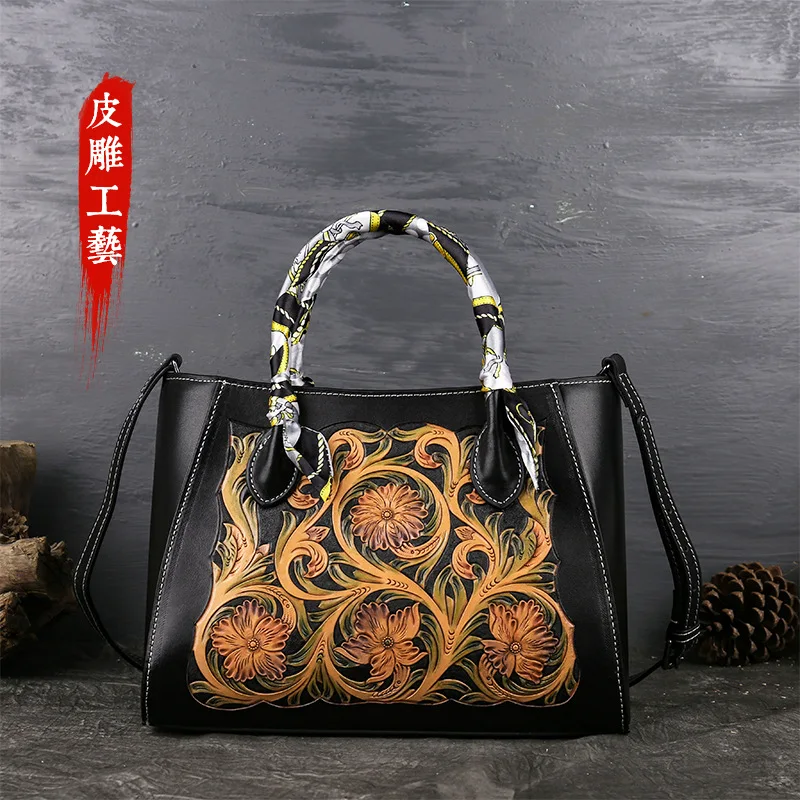 Temperament Antique Embossed Leather Fashion Women Bags Handmade Retro Cowhide High-Capacity Genuine Leather  Shoulder Bag