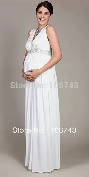 New design hot sale maternity chiffon pregnant woman custom size/color v-neck white bling evening mother of the bride dress