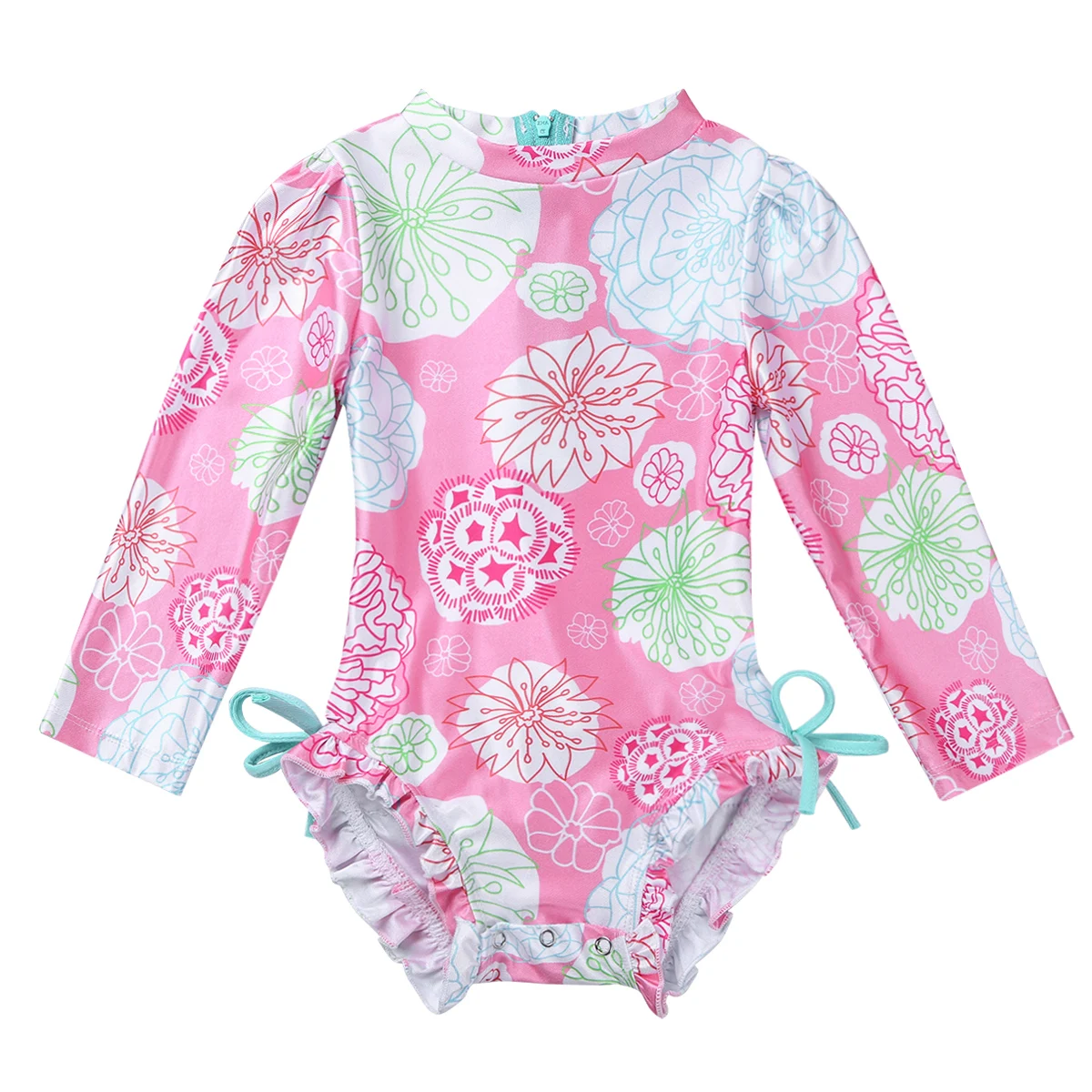 Infant Baby Girl Swimsuit Long Sleeve Floral Printed One-Piece Swimwear Toddler Girl Beachwear Swim Suit Bathing Suit Rash Guard