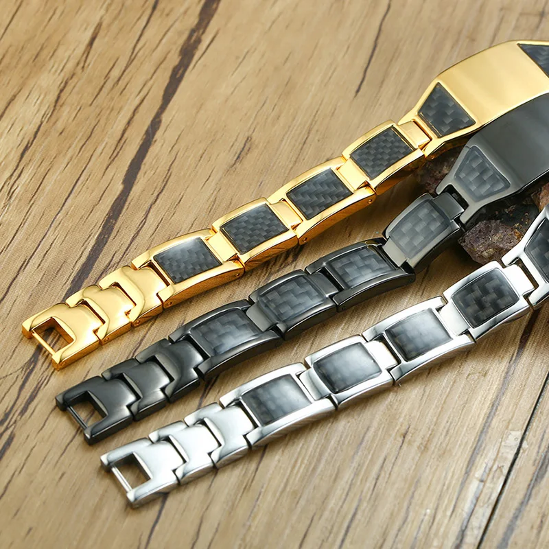 Masonic Black Magnetic Bracelet Men Stainless Steel Hand Chain ID Carbon Fiber High Magnet Health Energy Jewelry Male Waterproof