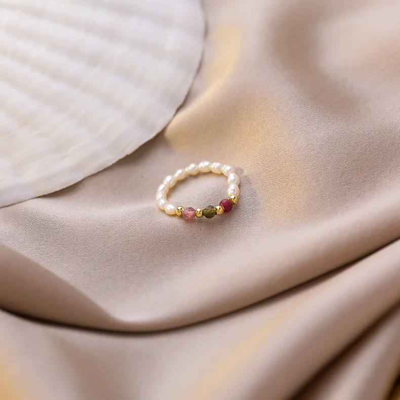 Energy Crystal Tourmalines Quartz Finger Rings Small Pearls Beaded Knuckle Rings Elegant Natural Freshwater Pearl Rings Women