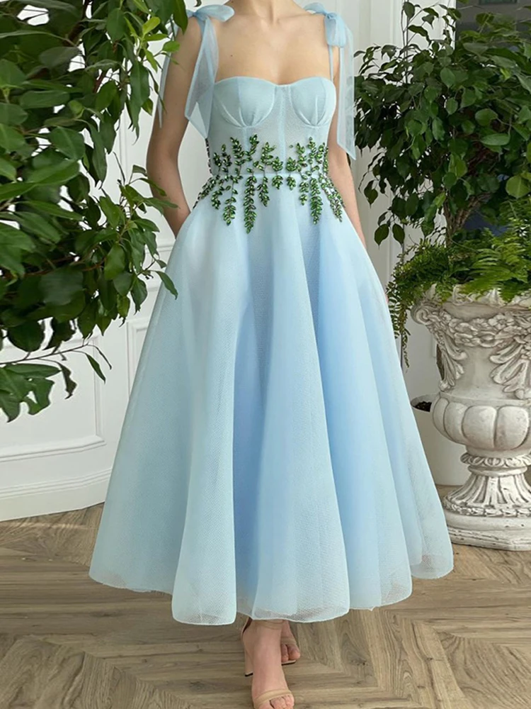 Lorie Blauw Prom Dresses 2021 A-lijn Spaghetti Strp Kralen Thee Lengte Party Gown Robes De Cocktail Jurk Voor Tieners Gratis verzending