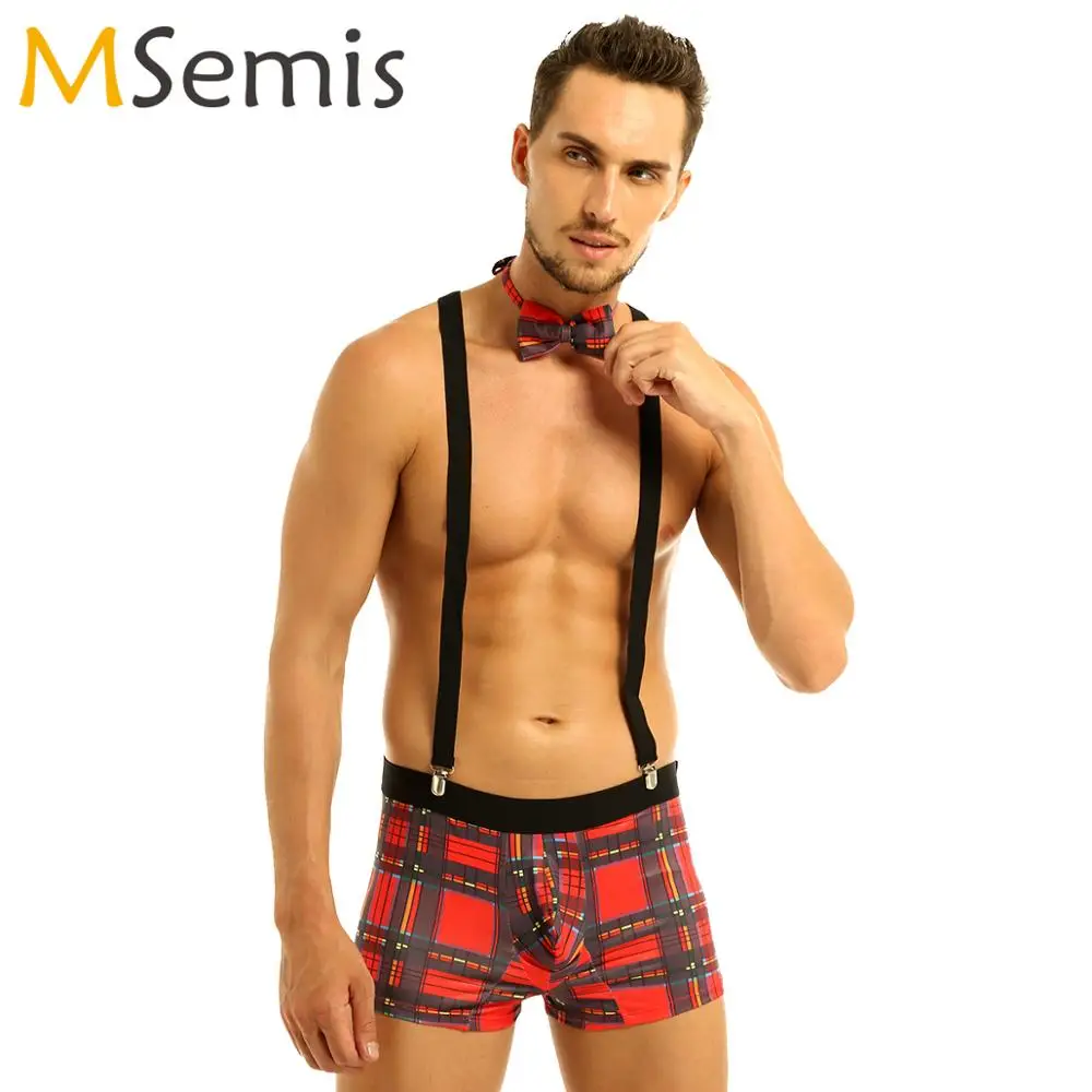 Sexy kelner Roleplay kostiumy męskie Plaid bokserki komplet bielizny mężczyzna Gay Nightclub Rave strój erotyczne pokojówka Cosplay mundury