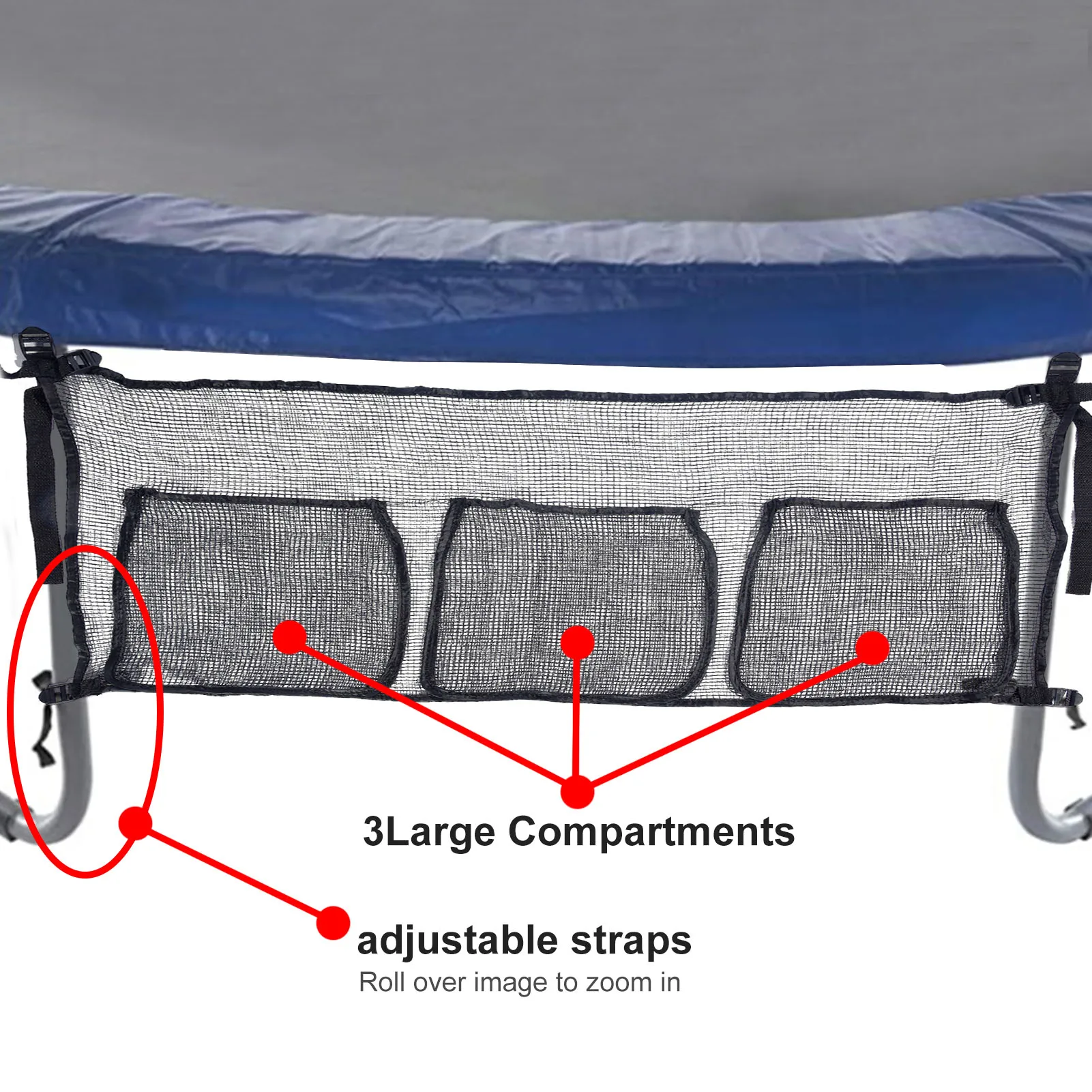 

Foldable Trampoline Holder Storage Mesh Bag With 3 Compartment Bag For Toys Shoes Organizer Trampoline Hanging Mesh Pouch Bag