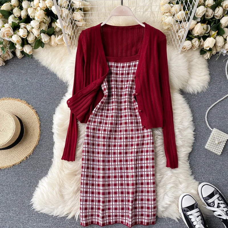 Autumn Spring Sweater Cardigan And Plaid Mini Camis Dress Women's Knitted Two-piece Suit For Female