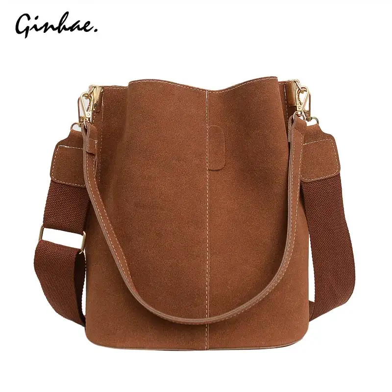 Vintage Nubuck Leather Shoulder Bags For Women Handbag Brand Designer Daily High Capacity Bucket Bag Casaul Crossbody Bags