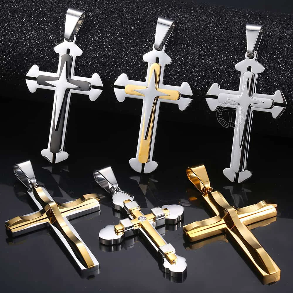 Davieslee 15 Styles Stainless Steel Cross Pendant for Men Gold Silver Color Multi Layers Clear CZ Trendy Jewelry DLKPP1