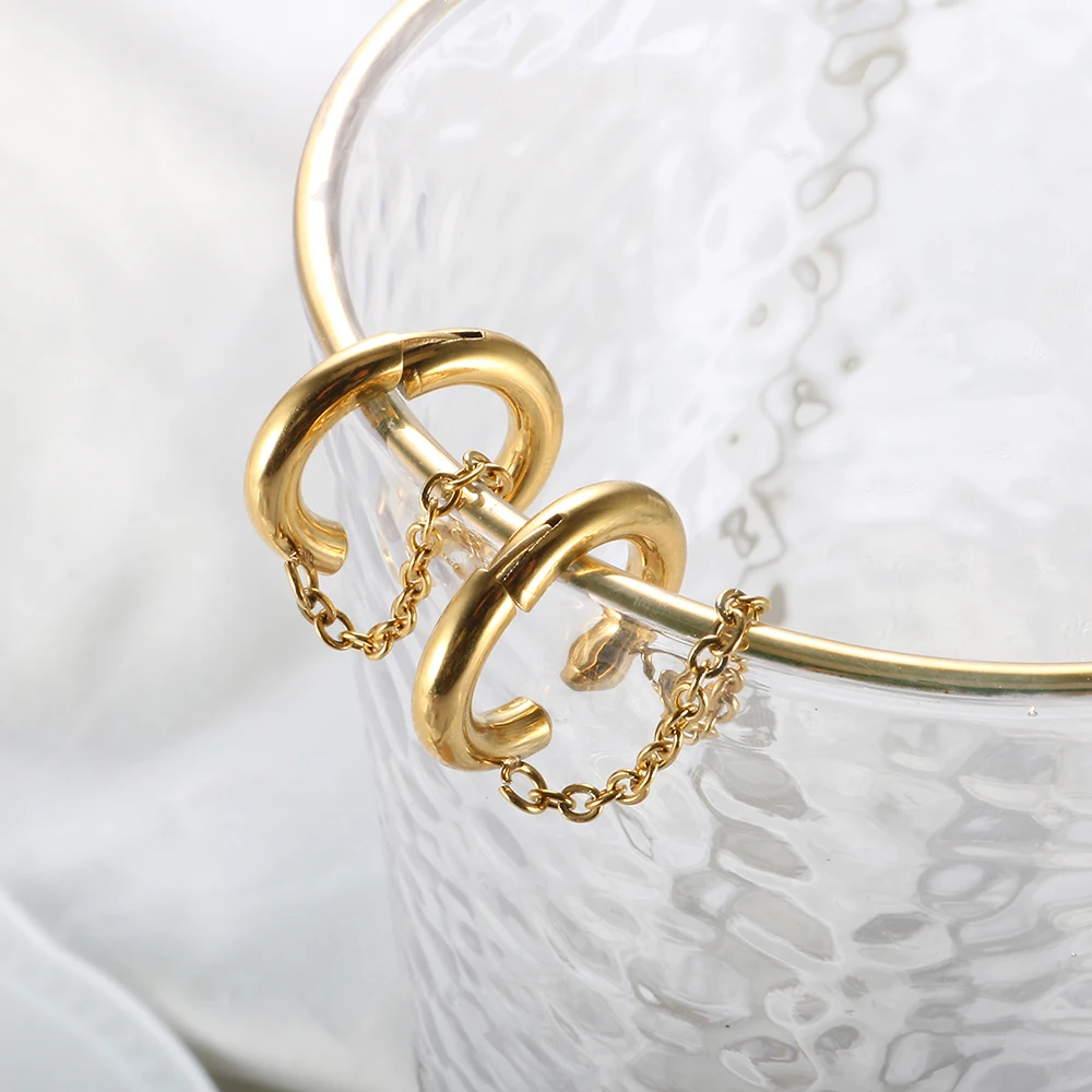 2PC /Set Stainless Steel Small Hoop Earrings for Women Golden Circle Thick Ear Ring Piercing Tassel With Chain Earrings Jewelry