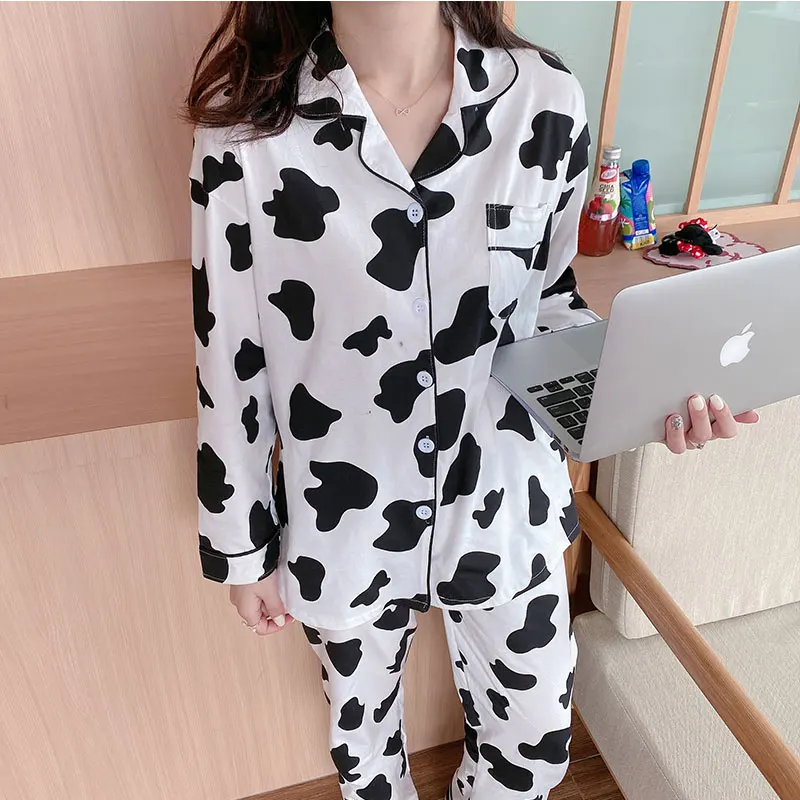 Impressão de vaca pijamas para as mulheres bonito casa terno pijamas conjunto de inverno pijamas