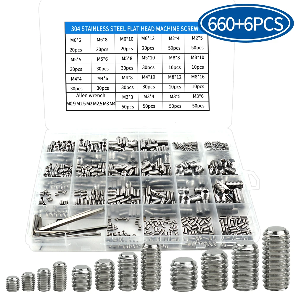 

666pcs Hex hexagon socket set screw flat point stainless steel grub screw assortment kit M2 M3 M4 M5 M6 M8 headless set screw