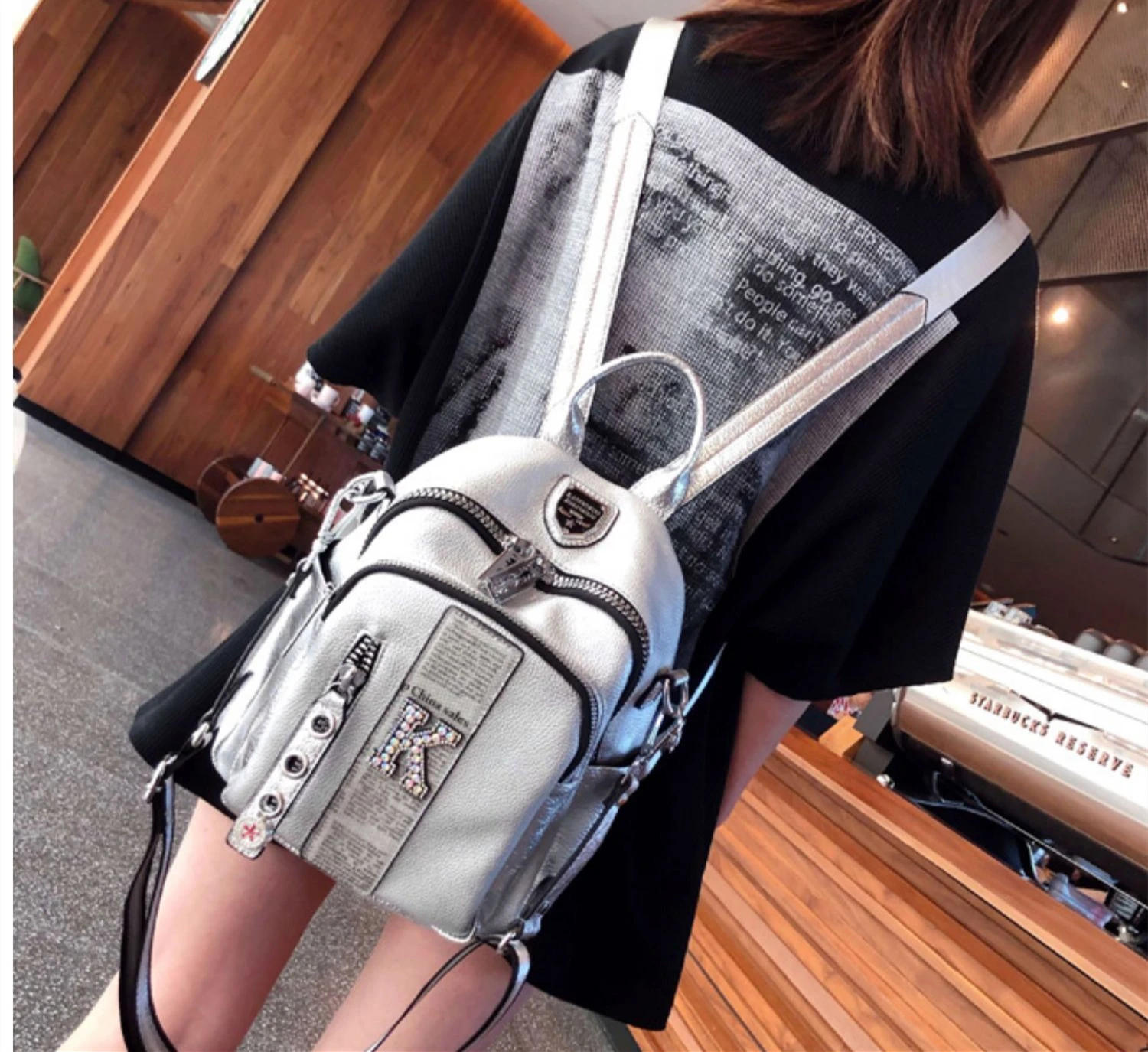 Women Fashion PU Vegan Leather Rhinestone Backpack 2024 Female Casual Daily Soft Artificial Leather Travel Small Silver Knapsack