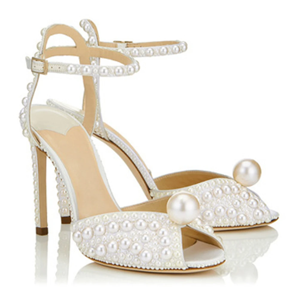 

White Satin Sandals With All Over Pearls Sacora 100mm Pearl Embellished Pumps Ankle Strap Peep-toe Sandal Wedding Shoes