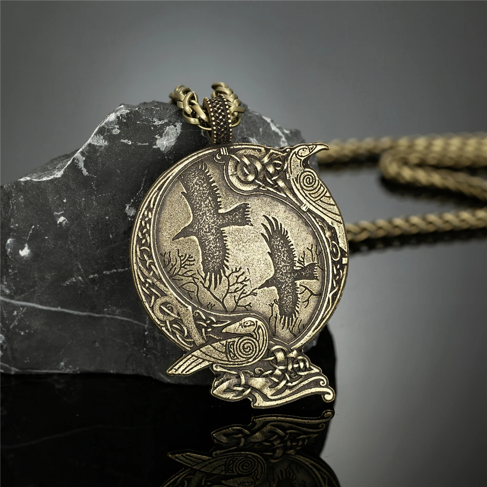 Vikings Odin's Raven Necklaces Men Norse Vegvisir Amulet Antique Bronze Metal Pendant Crow Scandinavian Punk Gothic Male Jewelry