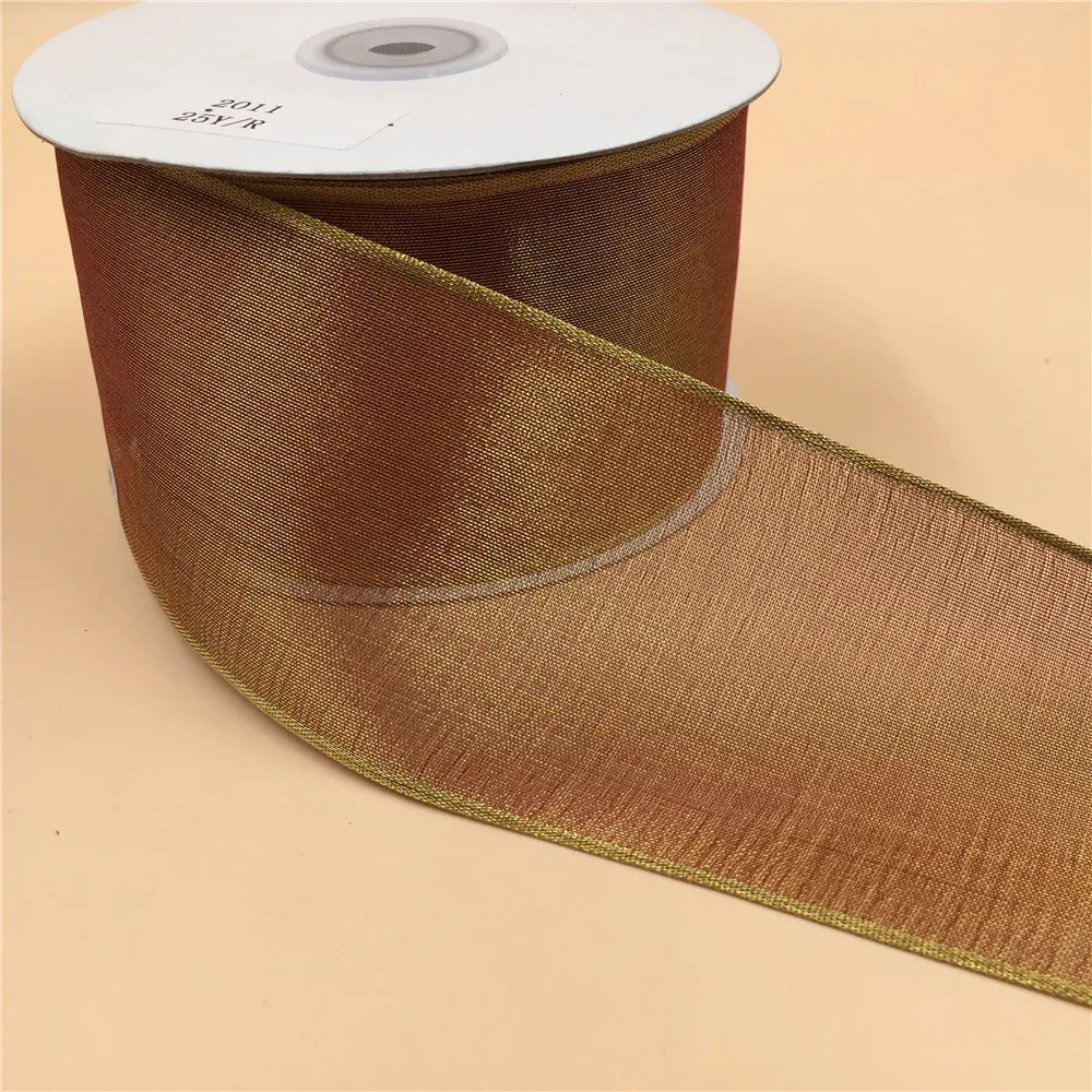 63MM  Wired  Edge Gold Metallic Ribbon   for Birthday Decoration  Chirstmas Gift DIY Wrapping 25YARDS N2011