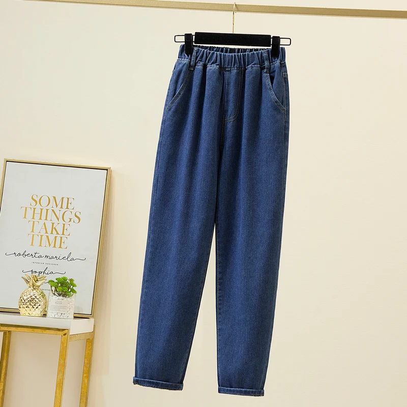 Plus Size Women Jeans 2022 Elastic Waist Loose Denim Pants Ninth Pants Casual Solid Baggy Mom Pants Spring Summer Trousers